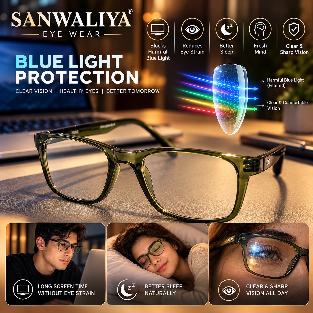 Sanwaliyas Olive Green Transparent Rectangular Eyeglasses blue light Frame for Men & Women - Image 6